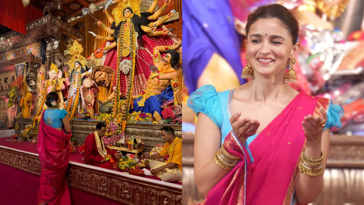 Photo of Durga Puja : आलिया भट्ट की गुलाबी कांजीवरम साड़ी और सोने की कढ़ाई वाला ब्लाउज चर्चा में